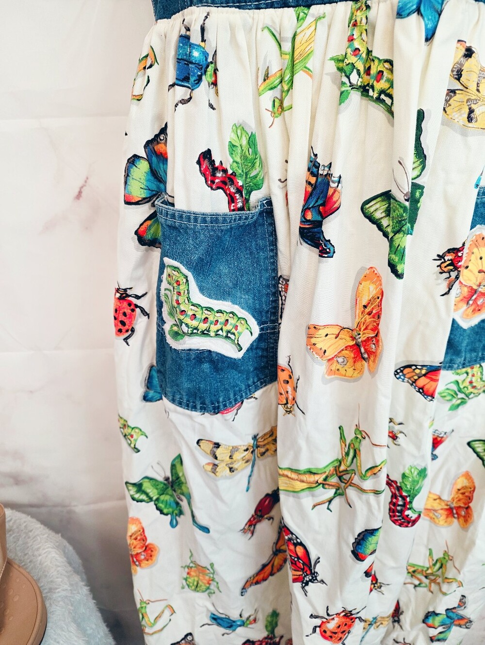 Upcycled Vintage Patchwork Overall Maxi Dress Butterflies Cottagecore USA - Picture 4 of 9
